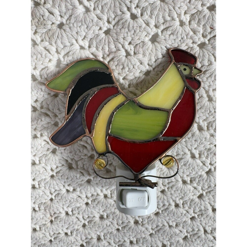 Vtg Tiffany Style Stain Glass Rooster Night Light Copper Foil Farmhouse Decor